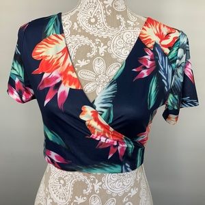 Tropical flower print wrap around top